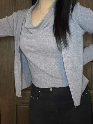 See-through sleeve drape neck loose-fit knit