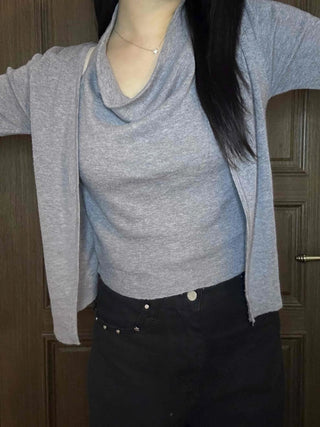 See-through sleeve drape neck loose-fit knit