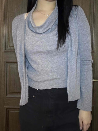 See-through sleeve drape neck loose-fit knit