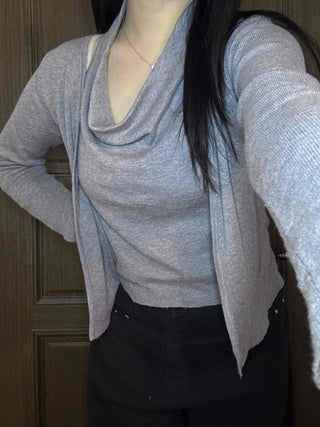 See-through sleeve drape neck loose-fit knit