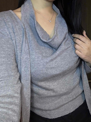 See-through sleeve drape neck loose-fit knit