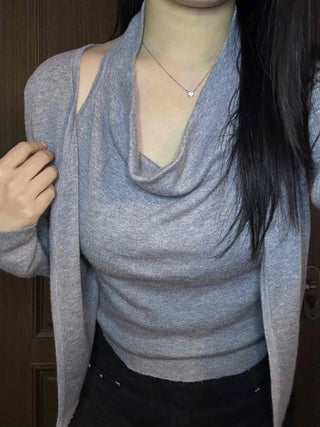 See-through sleeve drape neck loose-fit knit