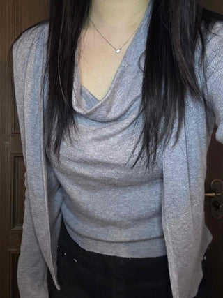 See-through sleeve drape neck loose-fit knit