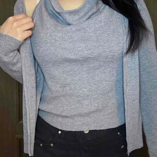 See-through sleeve drape neck loose-fit knit