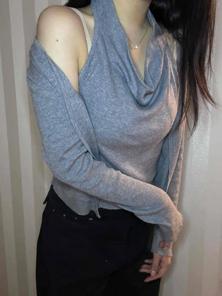 See-through sleeve drape neck loose-fit knit