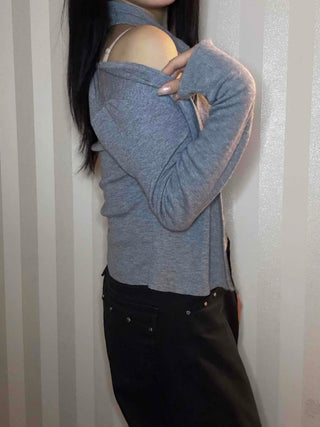 See-through sleeve drape neck loose-fit knit