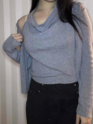 See-through sleeve drape neck loose-fit knit