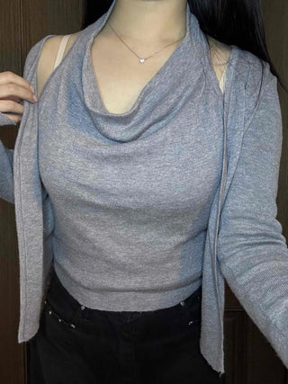 See-through sleeve drape neck loose-fit knit