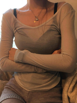 Sheer Mesh Layered Slim Fit Square Neck Long Sleeve Tee