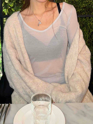 Sheer Mesh Layered Slim Fit Square Neck Long Sleeve Tee
