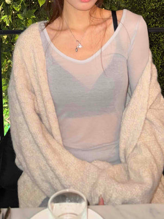 Sheer Mesh Layered Slim Fit Square Neck Long Sleeve Tee