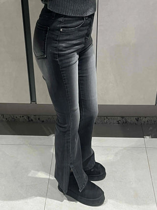 Vintage Washed High-Waisted Slit Bootcut Denim