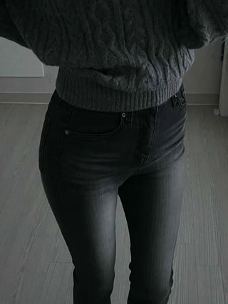 Vintage Washed High-Waisted Slit Bootcut Denim