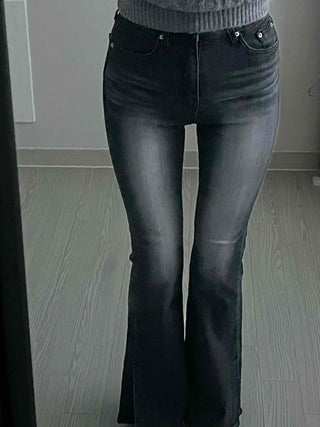 Vintage Washed High-Waisted Slit Bootcut Denim