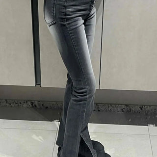 Vintage Washed High-Waisted Slit Bootcut Denim