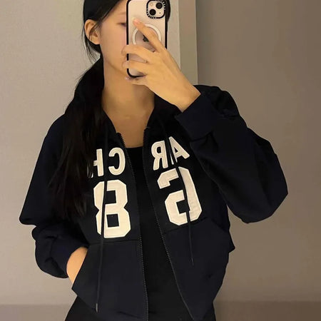 Arcane Lettering Loose Fit Hooded Zip-Up Jumper