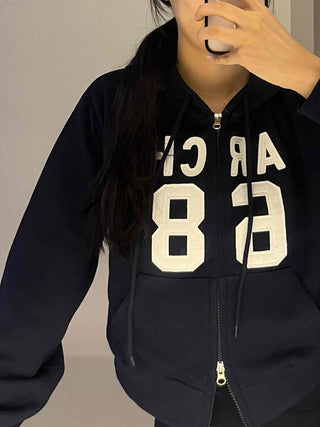 Arcane Lettering Loose Fit Hooded Zip-Up Jumper