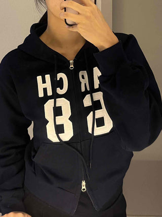 Arcane Lettering Loose Fit Hooded Zip-Up Jumper
