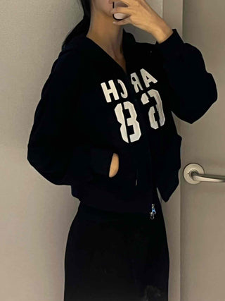 Arcane Lettering Loose Fit Hooded Zip-Up Jumper