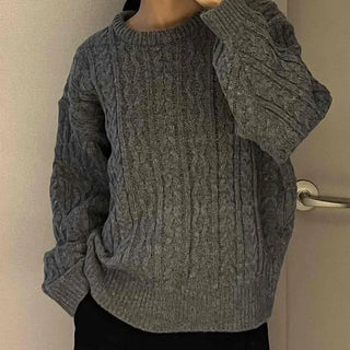 Vintage Fishbone Cable Loose Fit Round Neck Knit