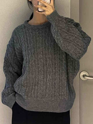 Vintage Fishbone Cable Loose Fit Round Neck Knit