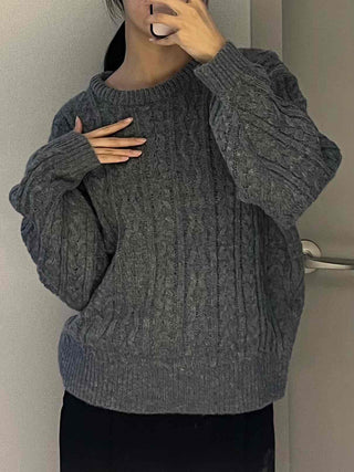 Vintage Fishbone Cable Loose Fit Round Neck Knit