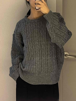 Vintage Fishbone Cable Loose Fit Round Neck Knit