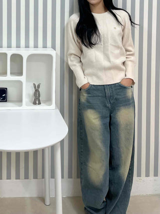 Soft Puff Shoulder Loose Fit Round Knit