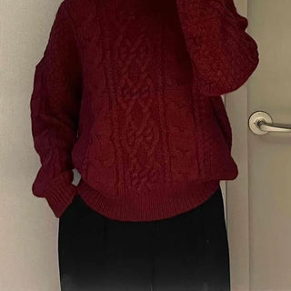 Vintage Cable Half-Neck Puff Sleeve Knit