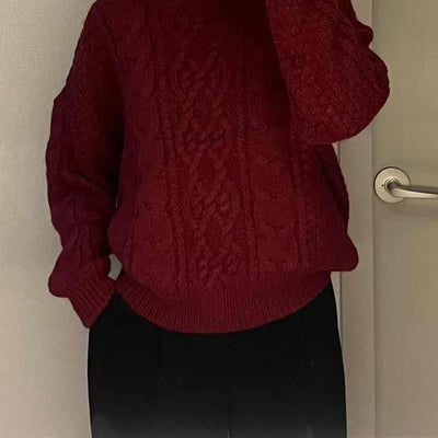 Vintage Cable Half-Neck Puff Sleeve Knit