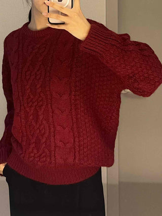 Vintage Cable Half-Neck Puff Sleeve Knit