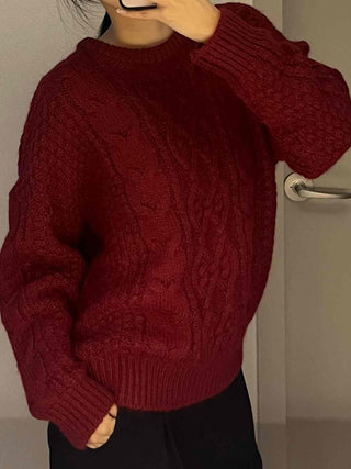 Vintage Cable Half-Neck Puff Sleeve Knit