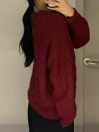 Vintage Cable Half-Neck Puff Sleeve Knit