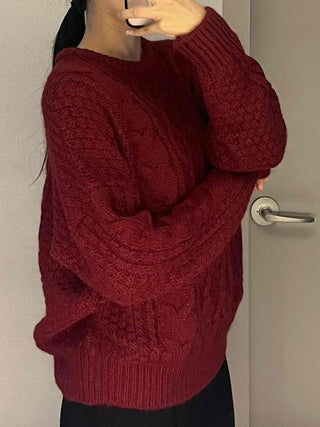 Vintage Cable Half-Neck Puff Sleeve Knit