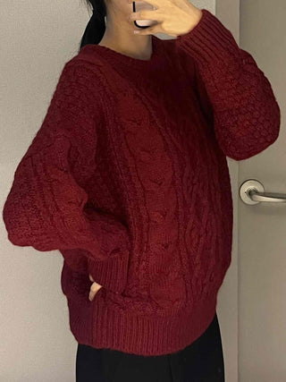 Vintage Cable Half-Neck Puff Sleeve Knit
