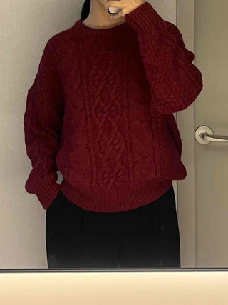 Vintage Cable Half-Neck Puff Sleeve Knit