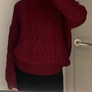 Vintage Cable Half-Neck Puff Sleeve Knit