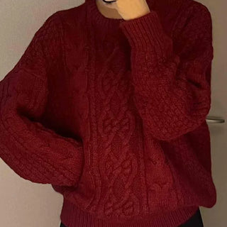 Vintage Cable Half-Neck Puff Sleeve Knit