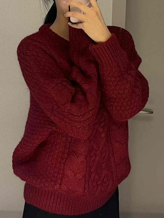 Vintage Cable Half-Neck Puff Sleeve Knit