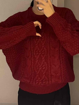 Vintage Cable Half-Neck Puff Sleeve Knit
