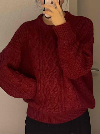 Vintage Cable Half-Neck Puff Sleeve Knit