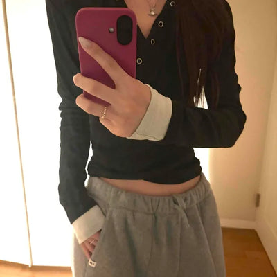 Layered Shirred Sleeve Half Button Crop Long Sleeve Tee