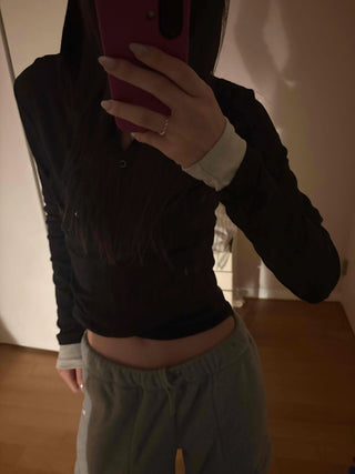 Layered Shirred Sleeve Half Button Crop Long Sleeve Tee