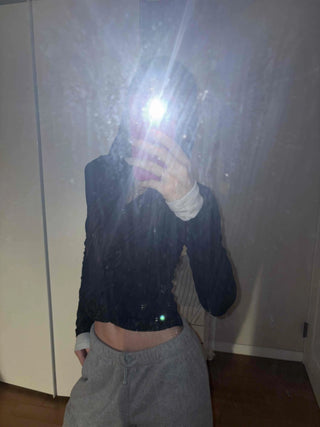 Layered Shirred Sleeve Half Button Crop Long Sleeve Tee