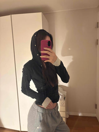 Layered Shirred Sleeve Half Button Crop Long Sleeve Tee