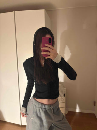 Layered Shirred Sleeve Half Button Crop Long Sleeve Tee