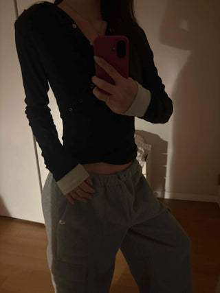 Layered Shirred Sleeve Half Button Crop Long Sleeve Tee