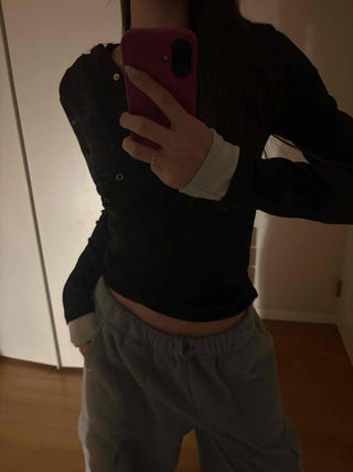 Layered Shirred Sleeve Half Button Crop Long Sleeve Tee