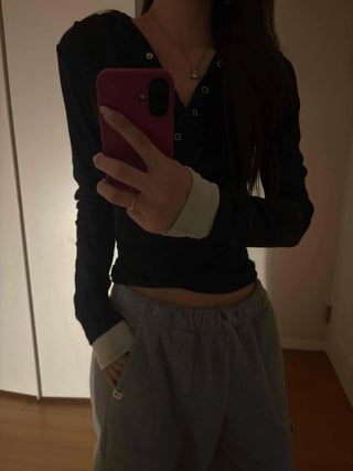 Layered Shirred Sleeve Half Button Crop Long Sleeve Tee