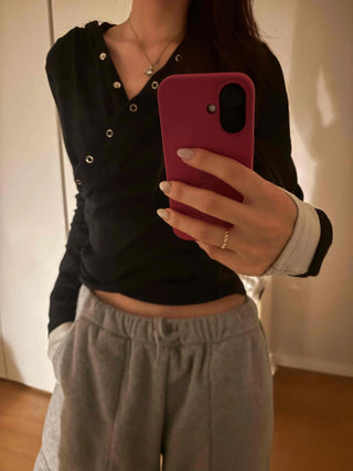 Layered Shirred Sleeve Half Button Crop Long Sleeve Tee